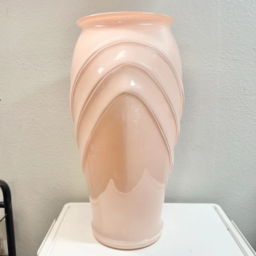 Vintage Pink Art Deco Chevron Floor‎ Vase Large Blush Cased Glass 16